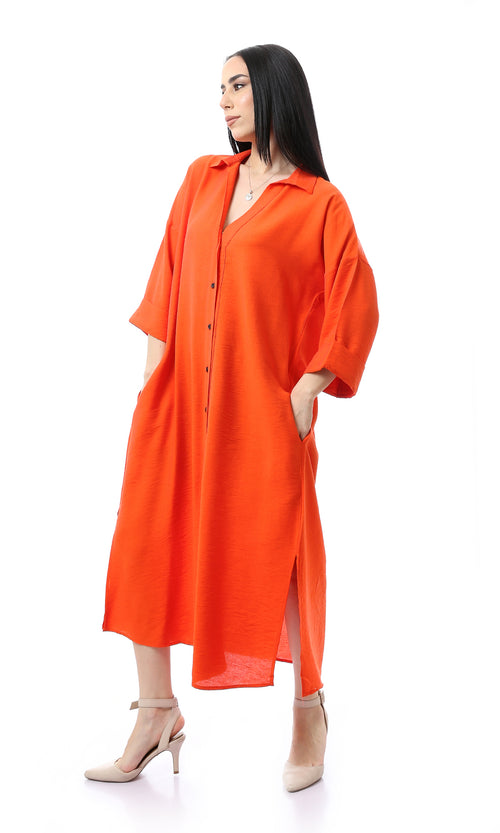 O167976 Orange Full Buttons Down Summer Shirt Dress