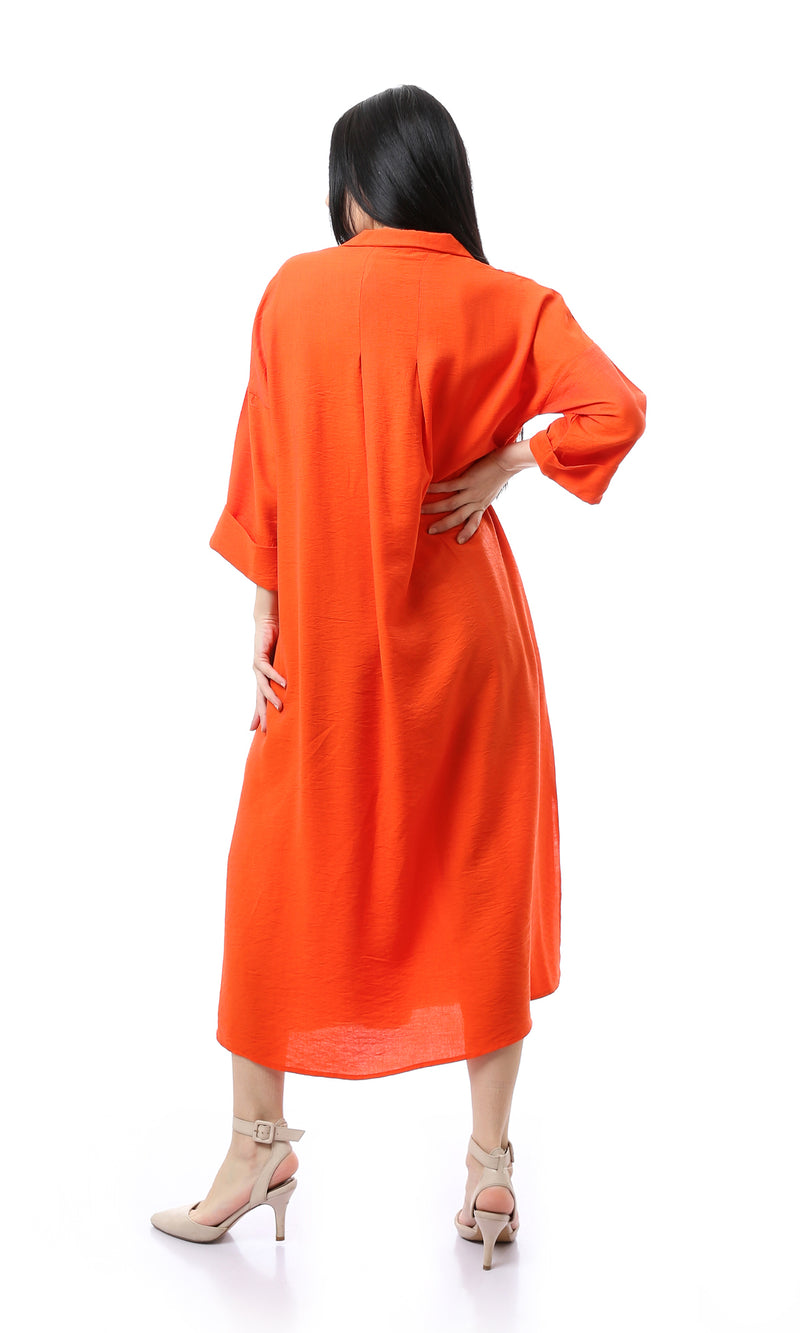 O167976 Orange Full Buttons Down Summer Shirt Dress