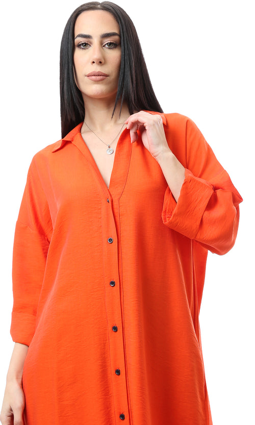 O167976 Orange Full Buttons Down Summer Shirt Dress
