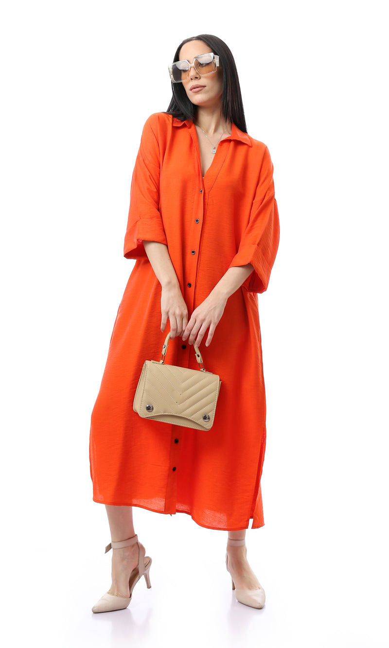 O167976 Orange Full Buttons Down Summer Shirt Dress