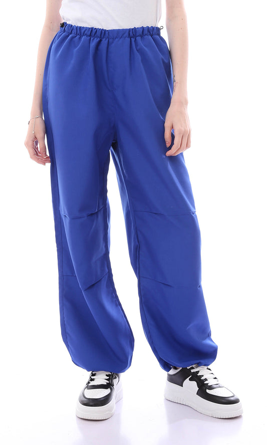 O168052 Trendy Royal Blue Loose Fit Parachute Pants With Elastic Waist & Hem