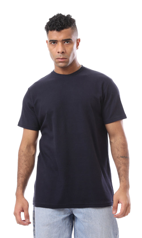 O168067 Self Pattern Dark Navy Blue Crew Neck T-Shirt