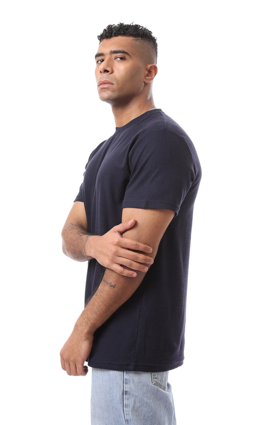 O168067 Self Pattern Dark Navy Blue Crew Neck T-Shirt