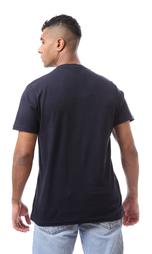 O168067 Self Pattern Dark Navy Blue Crew Neck T-Shirt