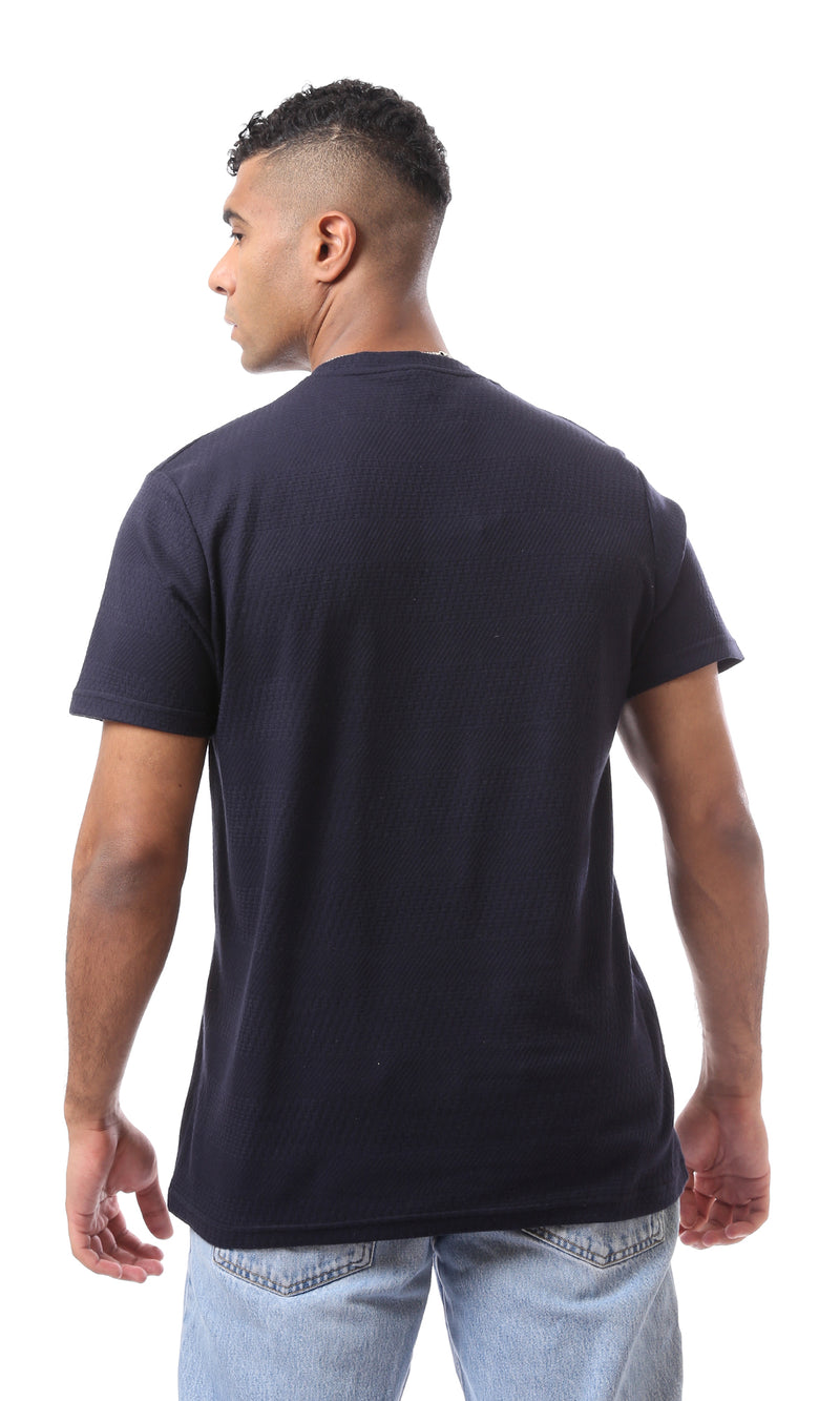 O168067 Self Pattern Dark Navy Blue Crew Neck T-Shirt