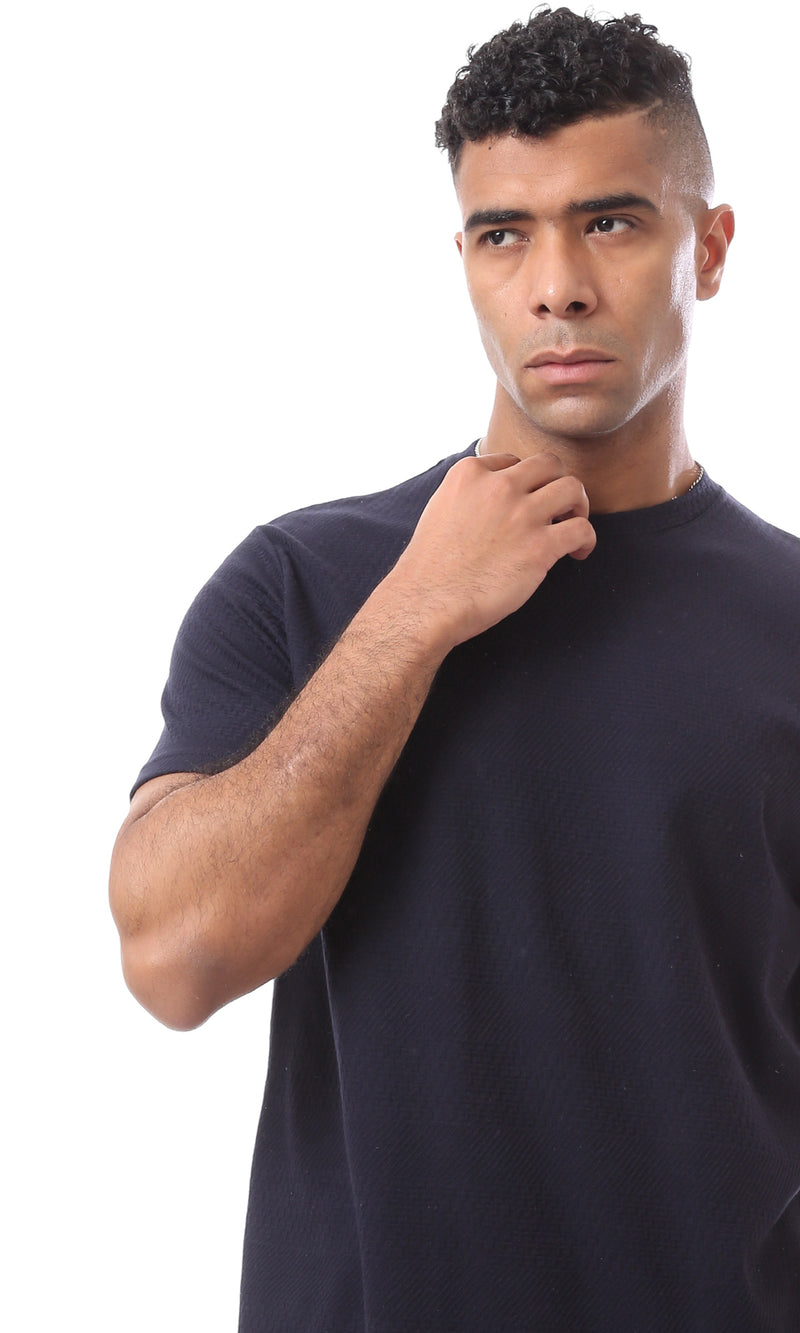 O168067 Self Pattern Dark Navy Blue Crew Neck T-Shirt