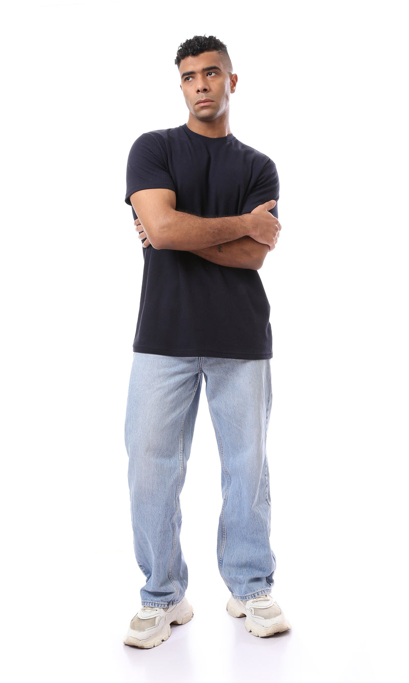 O168067 Self Pattern Dark Navy Blue Crew Neck T-Shirt