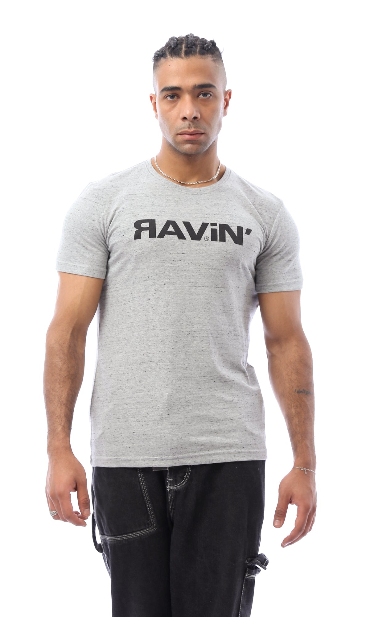 O168082 Heather Light Grey Printed "Ravin" Tee
