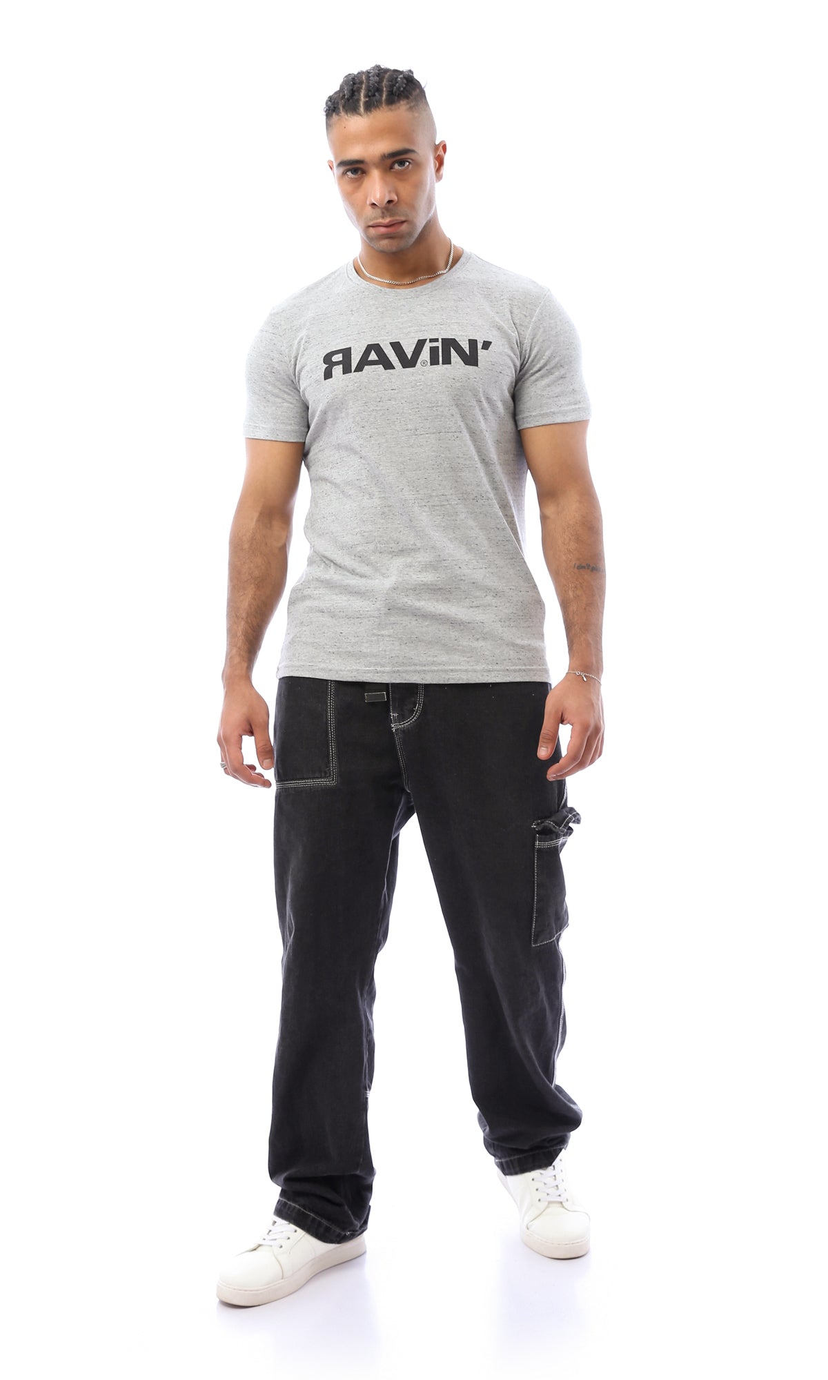 O168082 Heather Light Grey Printed "Ravin" Tee