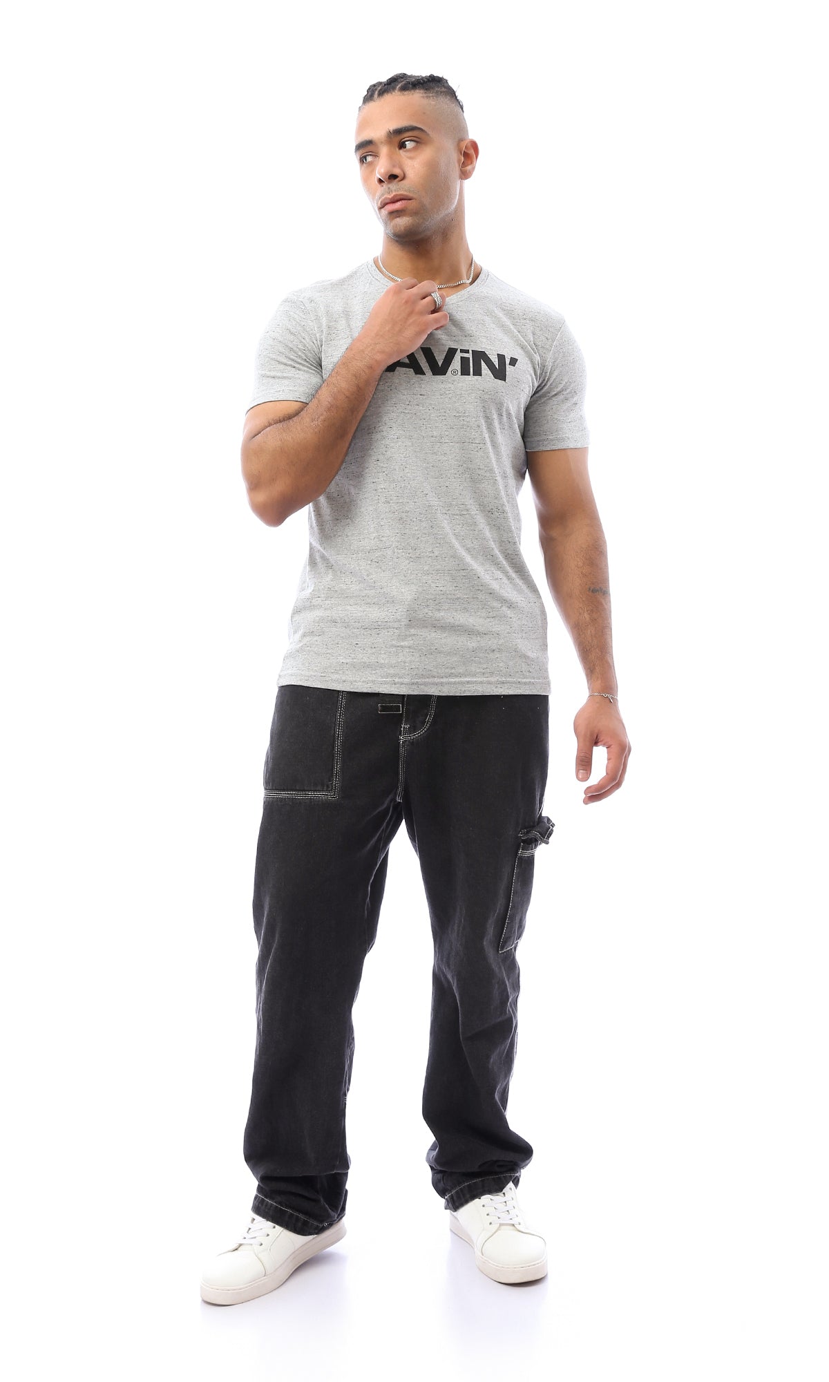 O168082 Heather Light Grey Printed "Ravin" Tee