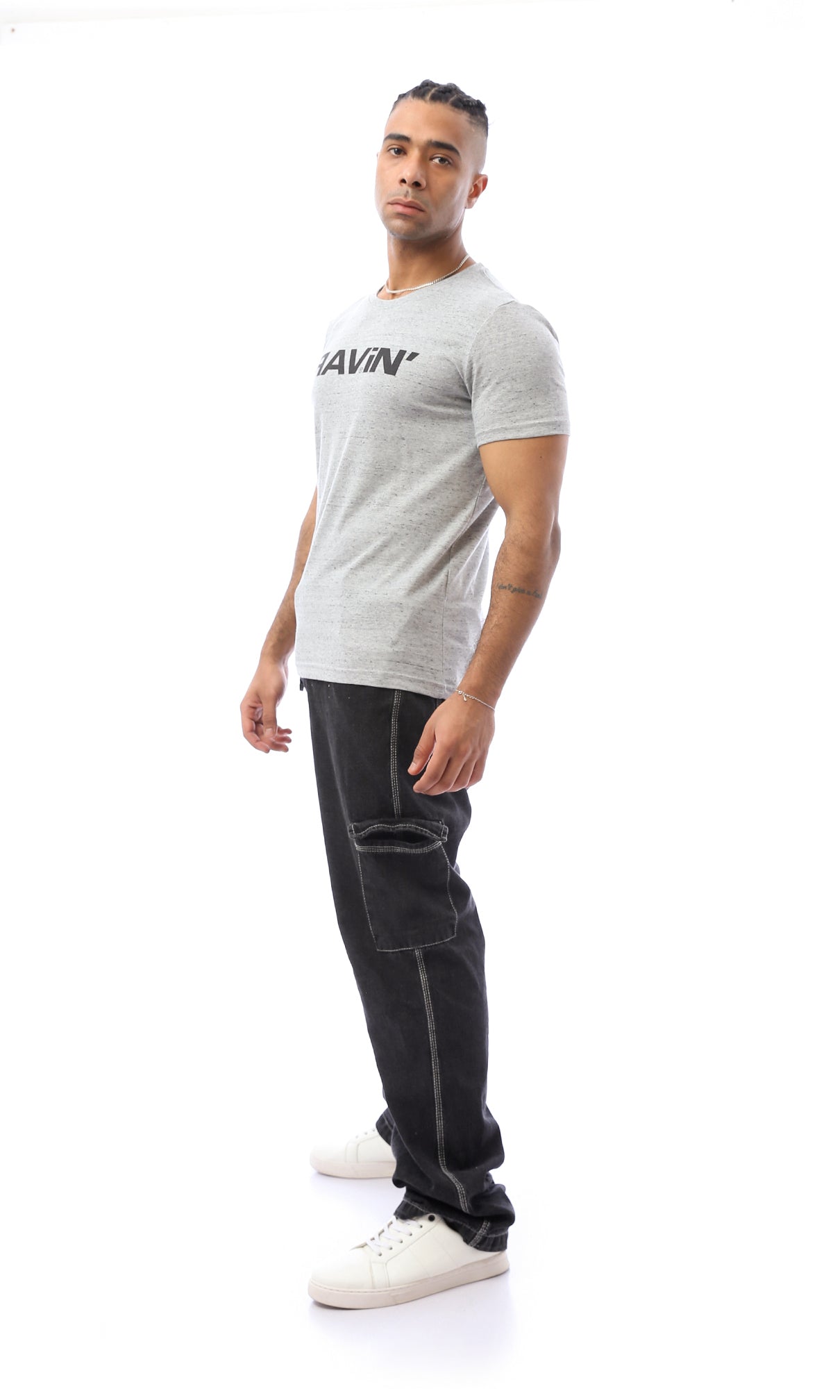 O168082 Heather Light Grey Printed "Ravin" Tee