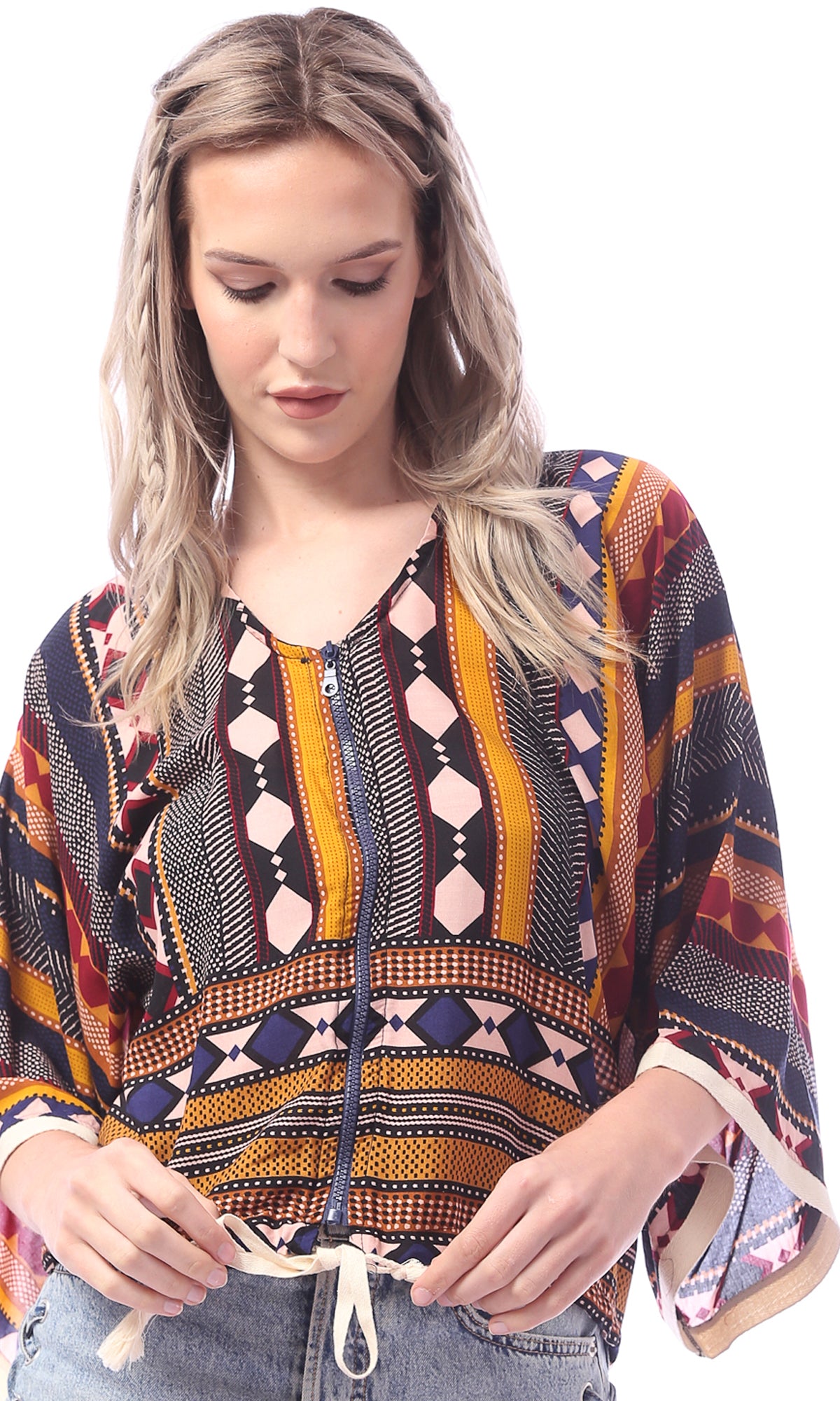 O168529 Patterned Colorful 3/4 Sleeves Zipped Blouse