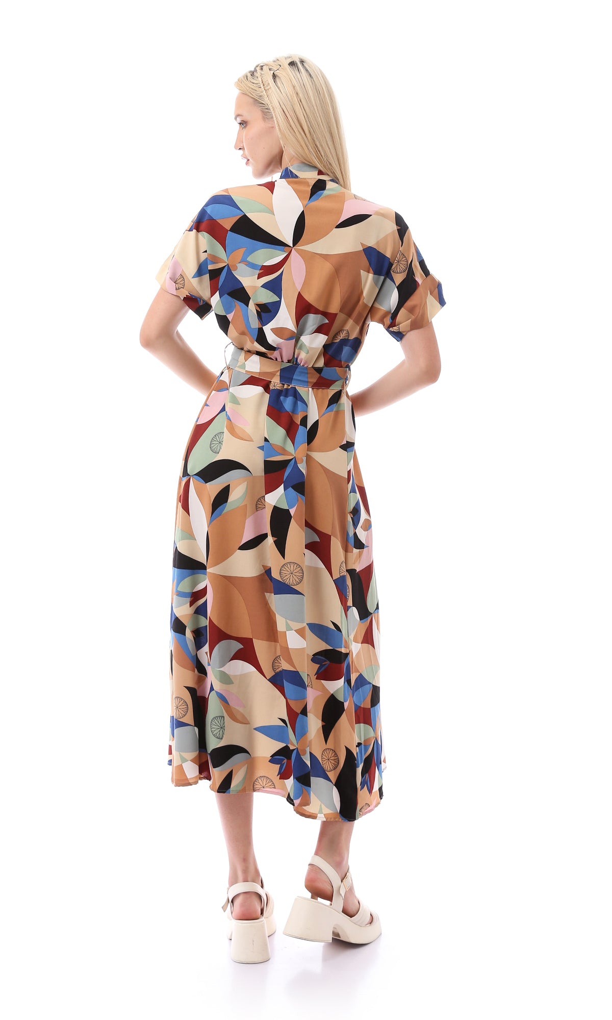 O168538 Deep V-Neck Beige & Dark Blue Midi Dress