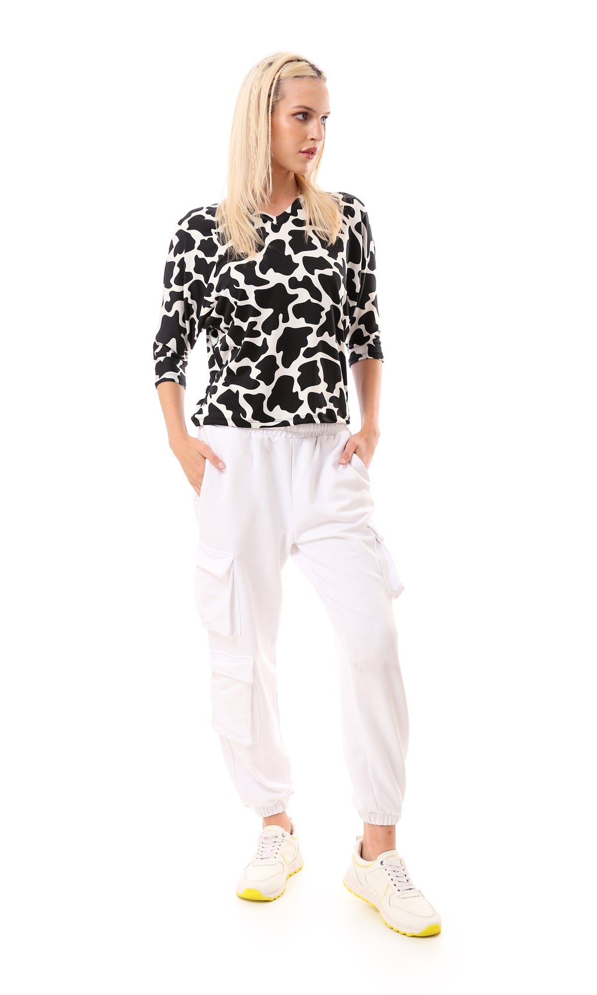 O168675 Bi-Tone Cow Black & White Elbow-Sleeves Blouse