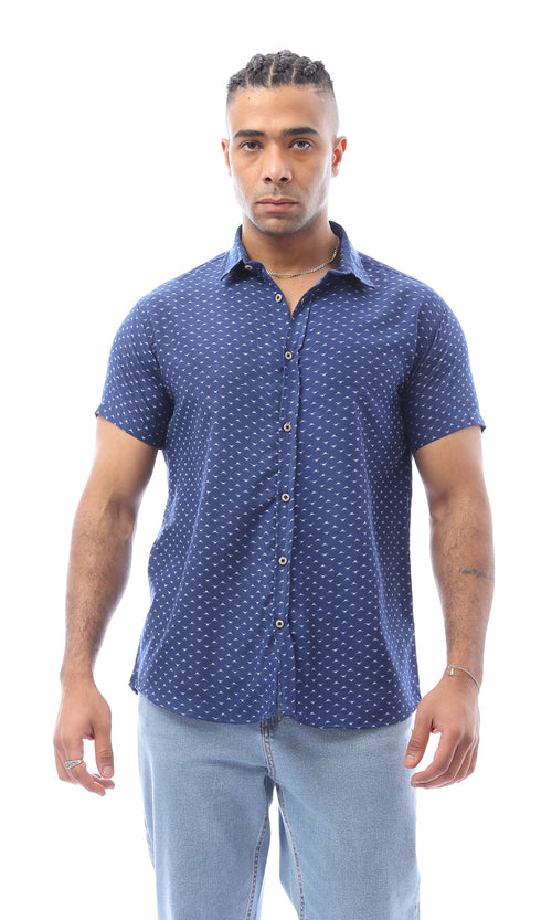 O168866 Summer Navy Blue Self Pattern Regular Fit Shirt