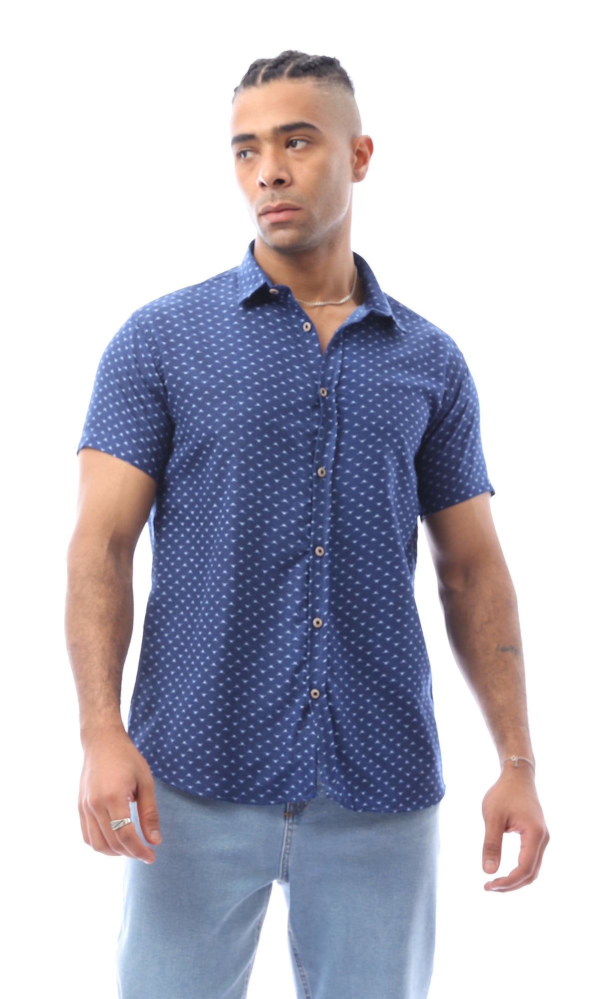 O168866 Summer Navy Blue Self Pattern Regular Fit Shirt