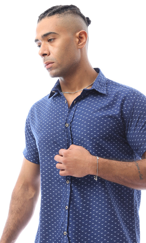 O168866 Summer Navy Blue Self Pattern Regular Fit Shirt