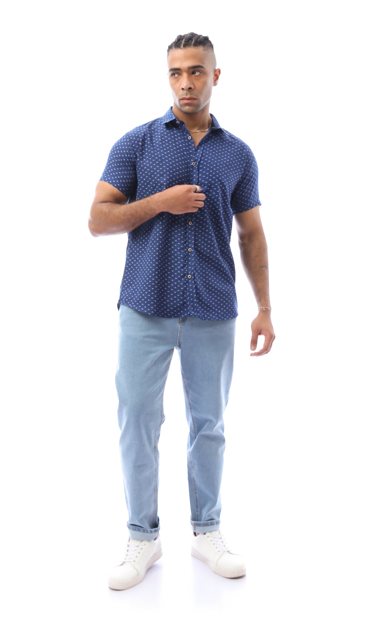 O168866 Summer Navy Blue Self Pattern Regular Fit Shirt