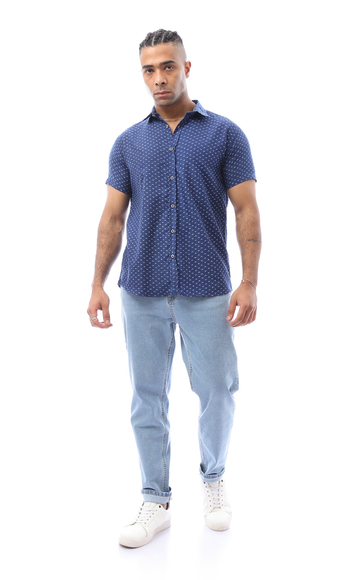 O168866 Summer Navy Blue Self Pattern Regular Fit Shirt