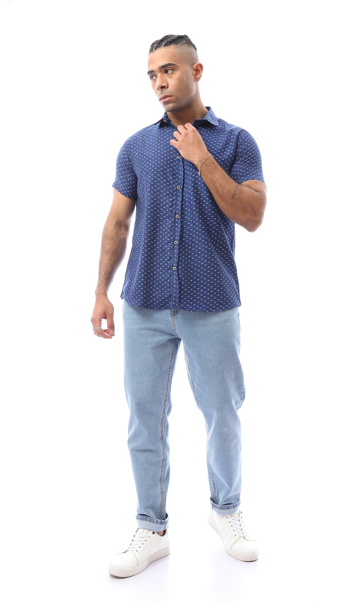 O168866 Summer Navy Blue Self Pattern Regular Fit Shirt