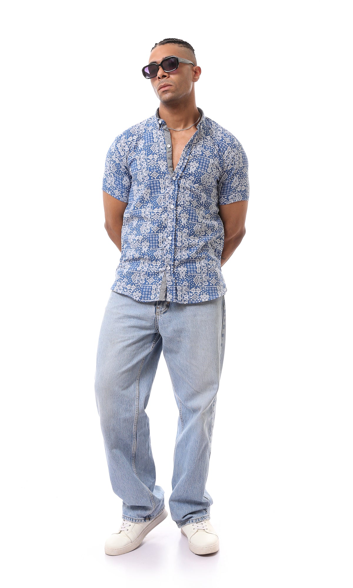 O169037 Blue & White Multi-Patterns Summer Shirt