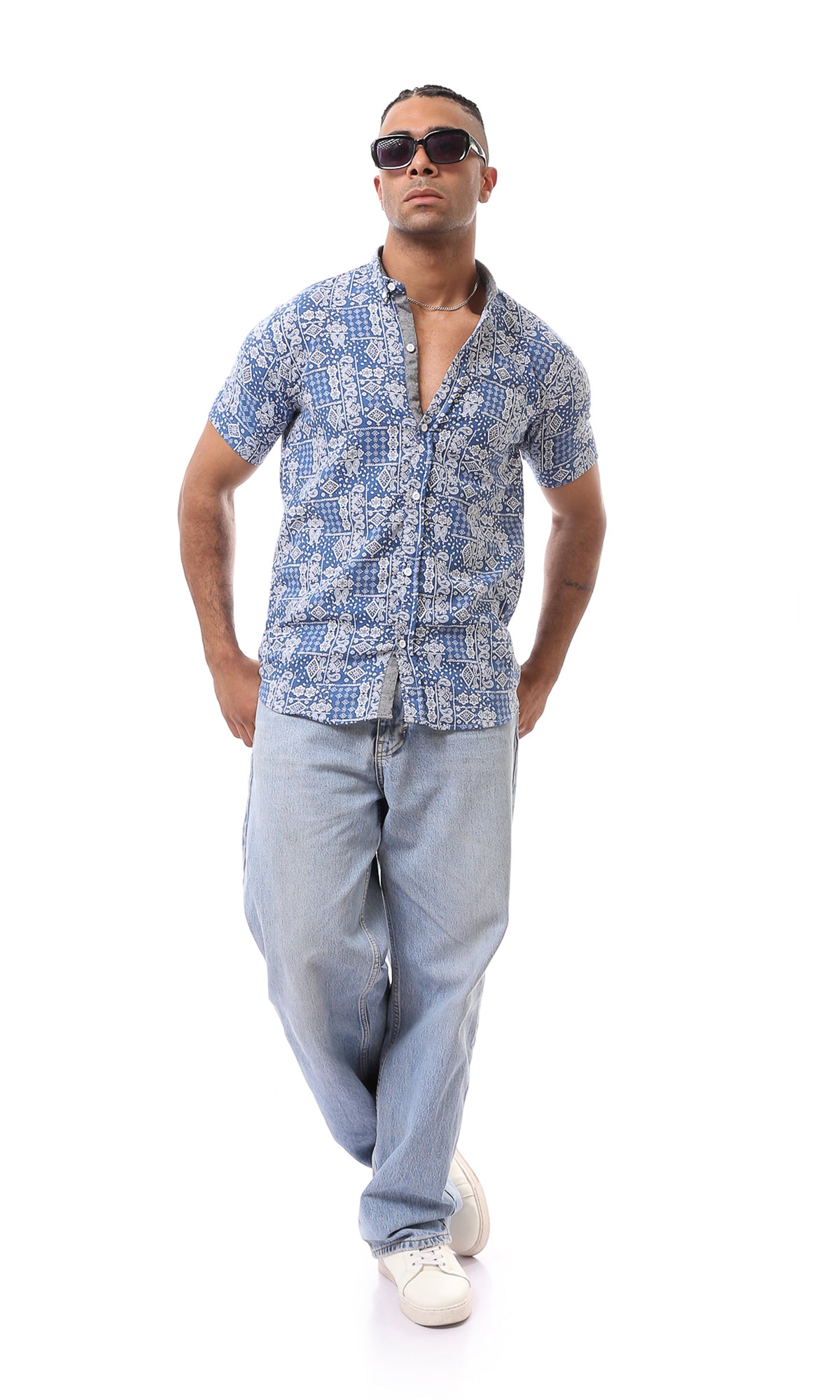 O169037 Blue & White Multi-Patterns Summer Shirt