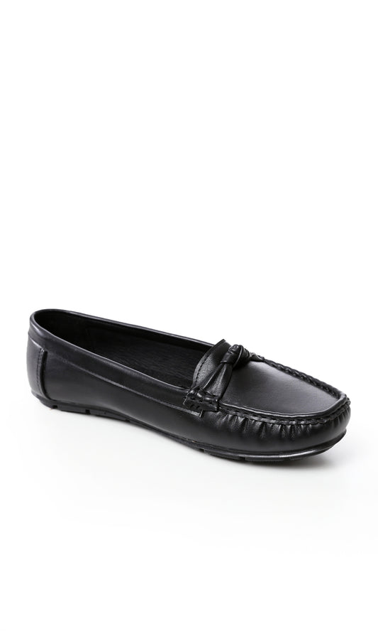 O169209 Black Textured Leather Slip On Flats
