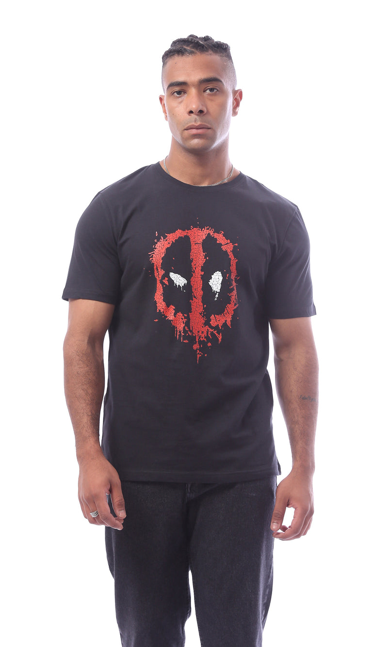 تيشيرت أسود مطبوع سهل الارتداء مريح بأكمام قصيرة