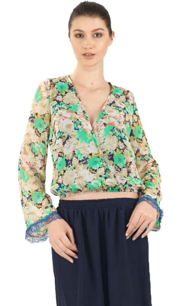 Overlapped Floral Blouse - Blue - women shirts & blouses