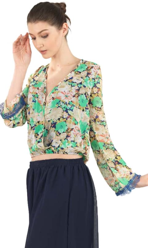 Overlapped Floral Blouse - Blue - women shirts & blouses