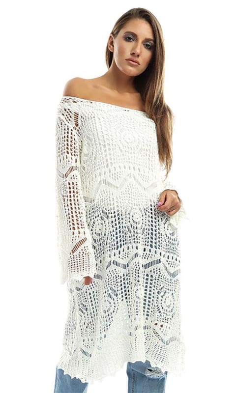 Perforated Slip On Solid Tunic Top - Off White - women dresses