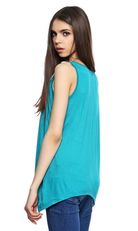 Printed Lace Panel Top - Turquoise - women tops