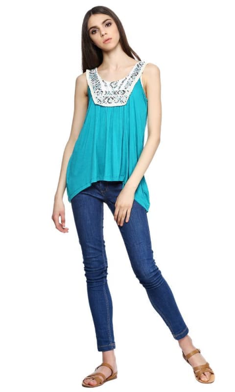 Printed Lace Panel Top - Turquoise - women tops