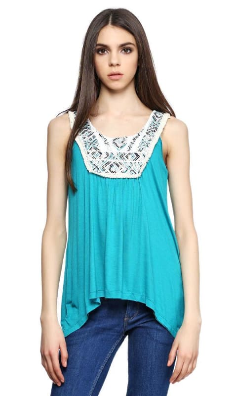 Printed Lace Panel Top - Turquoise - women tops