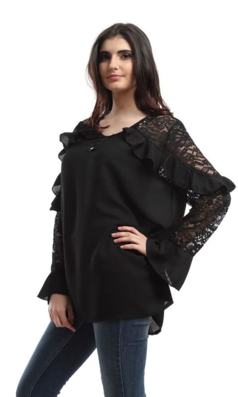 Ruffles Slip On Blouse - Black - women shirts & blouses