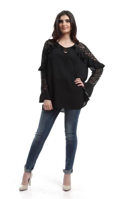 Ruffles Slip On Blouse - Black - women shirts & blouses