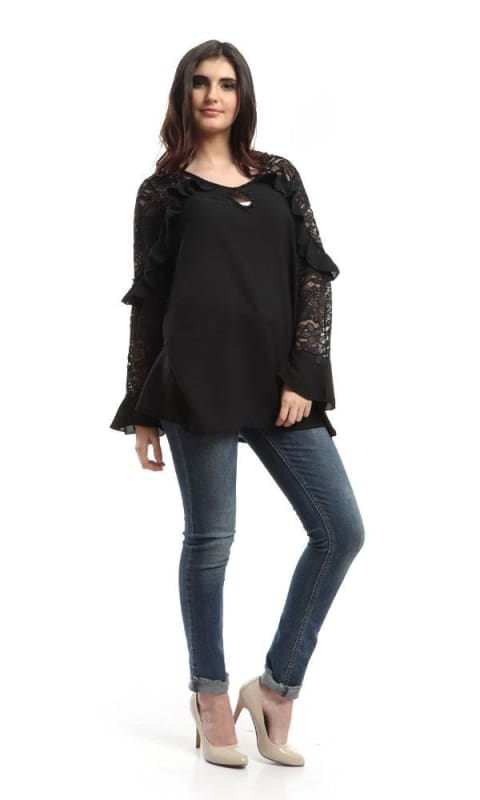 Ruffles Slip On Blouse - Black - women shirts & blouses