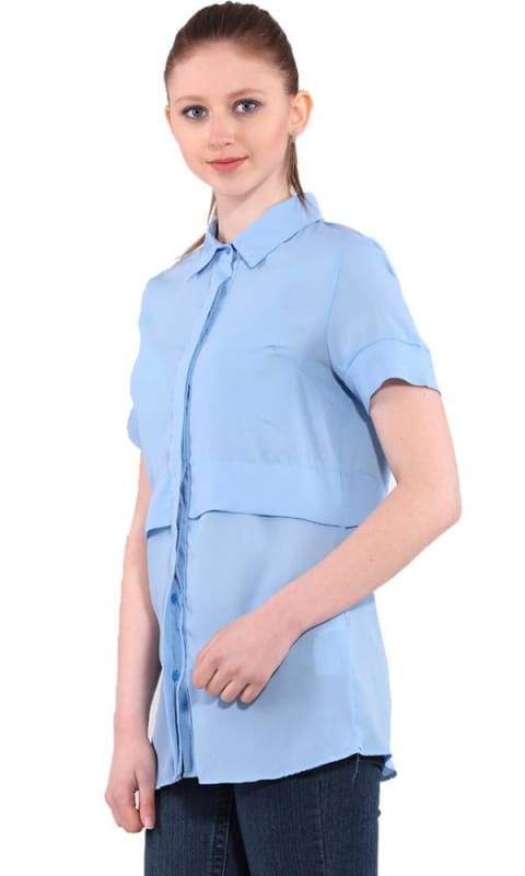 Sheer Short Sleeves Shirt - Sky Blue - women shirts & blouses