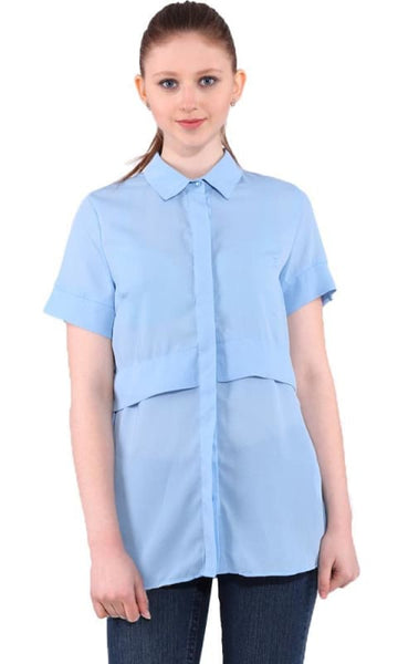 Sheer Short Sleeves Shirt - Sky Blue - women shirts & blouses