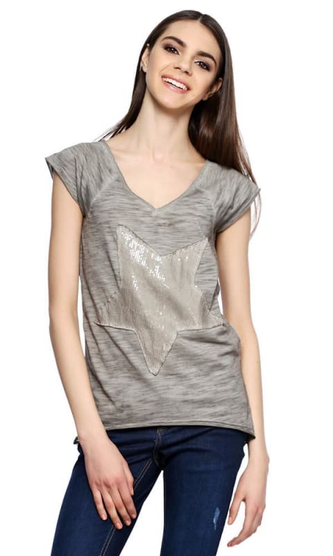 Star Sequin Top - Heather Grey - women t-shirts