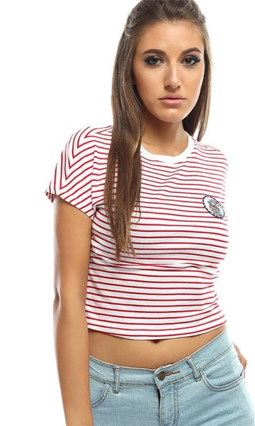 Striped Simple Crop Top -Red - women t-shirts