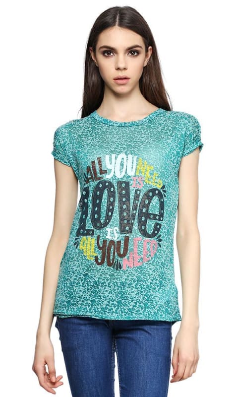 Text Print Burnout T-Shirt - Mint Green - women t-shirts