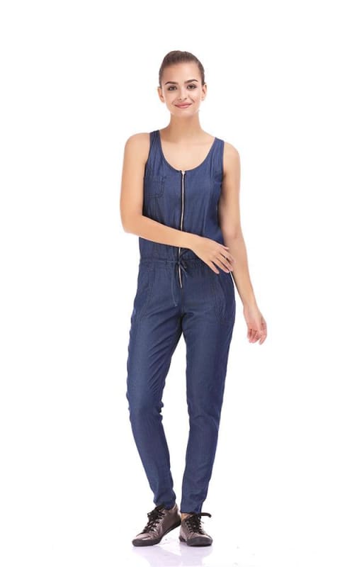 Zipped Solid Jumpsuit- Blue - women jumpsuits