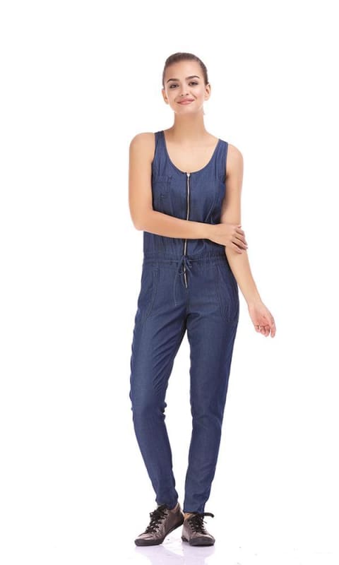 Zipped Solid Jumpsuit- Blue - women jumpsuits