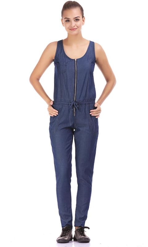 Zipped Solid Jumpsuit- Blue - women jumpsuits