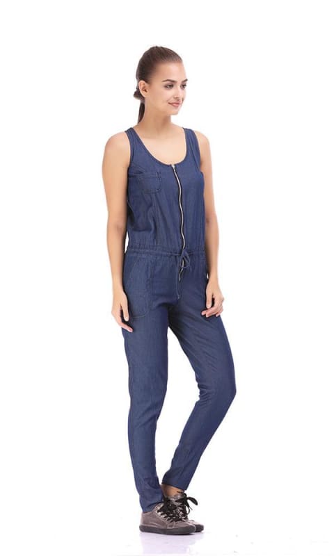 Zipped Solid Jumpsuit- Blue - women jumpsuits